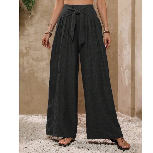 Classic Solid Wide Leg High Waisted Smocked Tie Pants - Picture 1 of 8